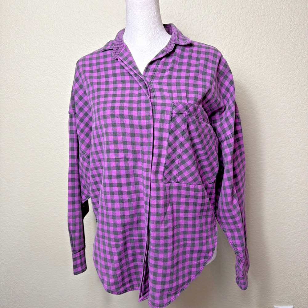At Last Plaid Button Down Shirt M Magenta Violet Gingham Check Grunge Boyfriend